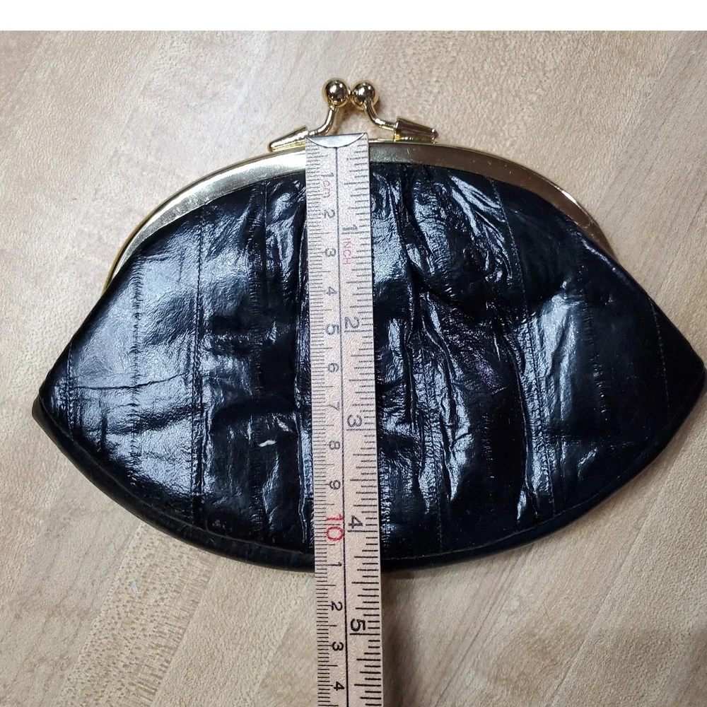 Lee Sands Vintage Black Eel Skin Kiss Lock Coin Purse Small Clutch Wallet